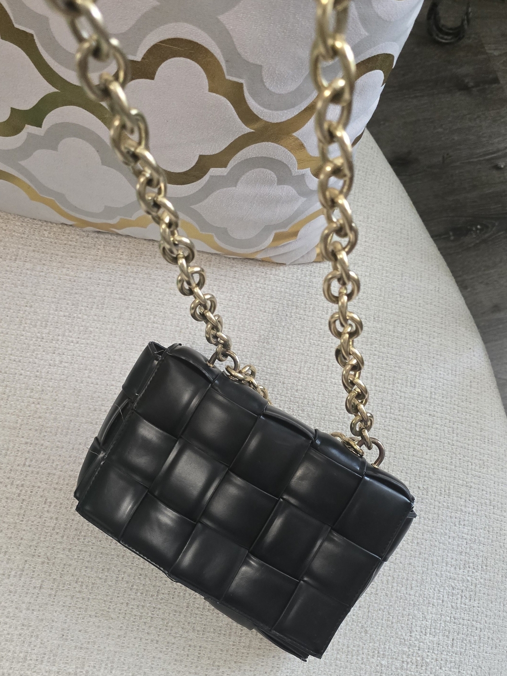 Black Woven Leather Crossbody Bag with Gold Chain